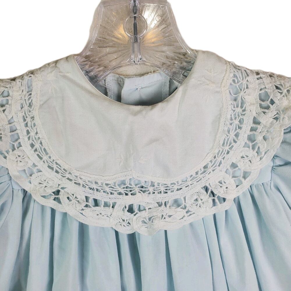 Peaches N Cream Vtg Blue Girls Dress White Collar Eyelet Trim Sz 4T Bib Cottage - Picture 2 of 11